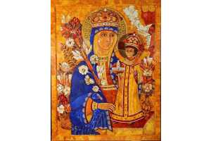 Икона Божьей Матери «Неувядаемый цвет». Янтарь, дерево, лазурит, металл. 127×99 см